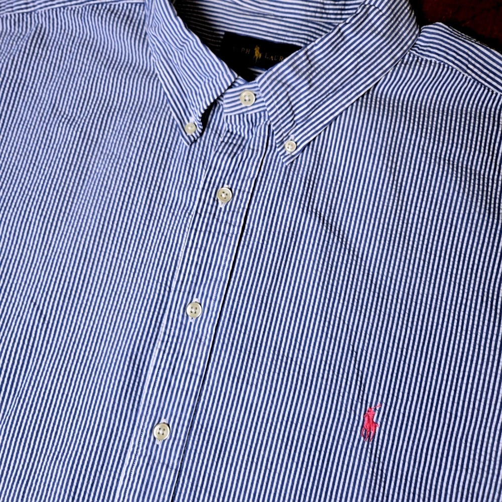 Ralph Lauren Mens 3XLT Blue White Seersucker Short Sleeve Button Down Shirt